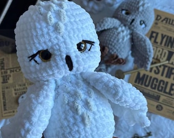 Crocheted Snowy Owl Plush Toy, Magic School Inspired Stuffed Animal, Cozy Book Lover Gift