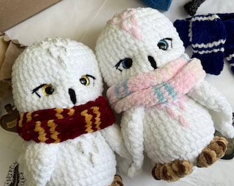 Crochet Snow Owl Plush, Wizard Inspired Stuffed Animal, Burgundy Scarf, Book Lover Gift