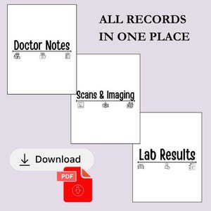 K&ouml;nnte beinhalten: Ein digitaler Download-Grafik mit dem Text &bdquo;ALLE AUFZEICHNUNGEN AN EINEM ORT&ldquo;. Das Bild enth&auml;lt drei wei&szlig;e Seiten mit den Bezeichnungen &bdquo;Arztnotizen&ldquo;, &bdquo;Scans & Bildgebung&ldquo; und &bdquo;Laborergebnisse&ldquo;. Ein rotes PDF-Symbol mit einem Download-Pfeil ist ebenfalls vorhanden.
