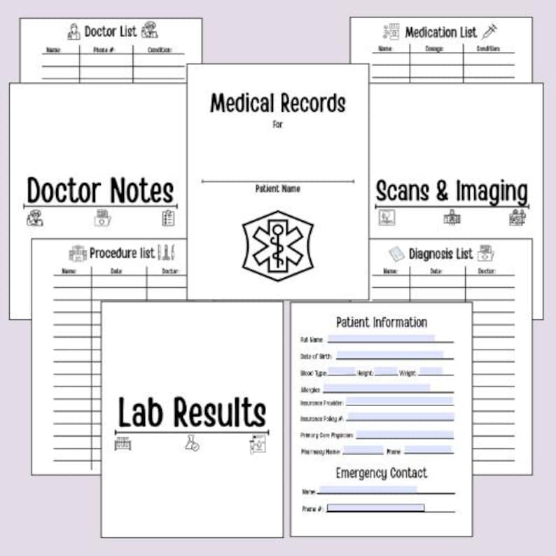 K&ouml;nnte beinhalten: Eine Sammlung wei&szlig;er medizinischer Aufzeichnungen mit schwarzem Text. Titel sind "Doctor List", "Doctor Notes", "Lab Results", "Scans & Imaging" und "Patient Information". Das zentrale Blatt lautet "Medical Records for Patient Name" mit einem medizinischen Symbol.