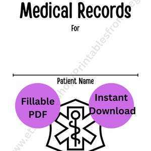 K&ouml;nnte beinhalten: Wei&szlig;es, druckbares Formular f&uuml;r Krankenakten mit dem Text "Medical Records" oben. Darunter befindet sich eine Zeile f&uuml;r den Namen des Patienten. Zwei lila Kreise zeigen "Fillable PDF" und "Instant Download". Ein Notfallmedizinisches Symbol ist ebenfalls vorhanden.