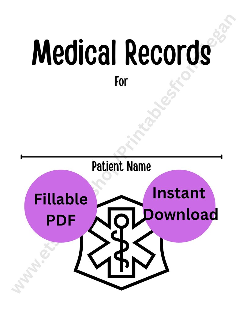 K&ouml;nnte beinhalten: Wei&szlig;es, druckbares Formular f&uuml;r Krankenakten mit dem Text "Medical Records" oben. Darunter befindet sich eine Zeile f&uuml;r den Namen des Patienten. Zwei lila Kreise zeigen "Fillable PDF" und "Instant Download". Ein Notfallmedizinisches Symbol ist ebenfalls vorhanden.