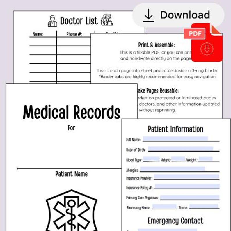 K&ouml;nnte beinhalten: Ein druckbarer PDF-Organisator f&uuml;r Krankenakten mit Abschnitten f&uuml;r Arztlisten, Patienteninformationen und Notfallkontakte. Die Seiten enthalten ausf&uuml;llbare Felder und Anweisungen zur Montage und Wiederverwendung. Das Design ist schwarz und wei&szlig;.