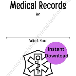 K&ouml;nnte beinhalten: Wei&szlig;es, druckbares Formular f&uuml;r Krankenakten. Die Worte "Medical Records" stehen oben, darunter eine Zeile f&uuml;r den Namen des Patienten. Ein medizinisches Symbol und ein violetter Kreis mit "Sofort-Download" sind ebenfalls vorhanden.