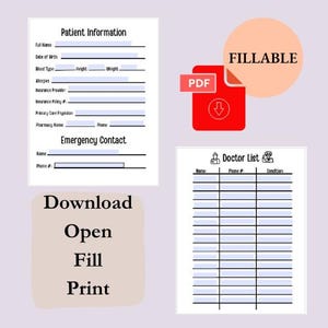 K&ouml;nnte beinhalten: Sammlung druckbarer medizinischer Formulare, darunter ein Patienteninformationsblatt, eine Arztliste und ein PDF-Symbol mit dem Wort "FILLABLE". Die Formulare sind f&uuml;r einfaches Herunterladen, &Ouml;ffnen, Ausf&uuml;llen und Drucken konzipiert.