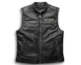 HD Cowhide Black Leather Vest for Men - Handmade Motorcycle Black Leather Vest, Harley Biker Vest,  Motorcycle Vest, Gift For A Biker.