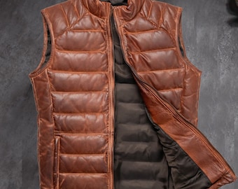 Gilet matelassé en cuir pour homme, veste sans manches marron, élégant, parfait pour une tenue décontractée, gilet en cuir original, cadeau d'anniversaire pour lui.