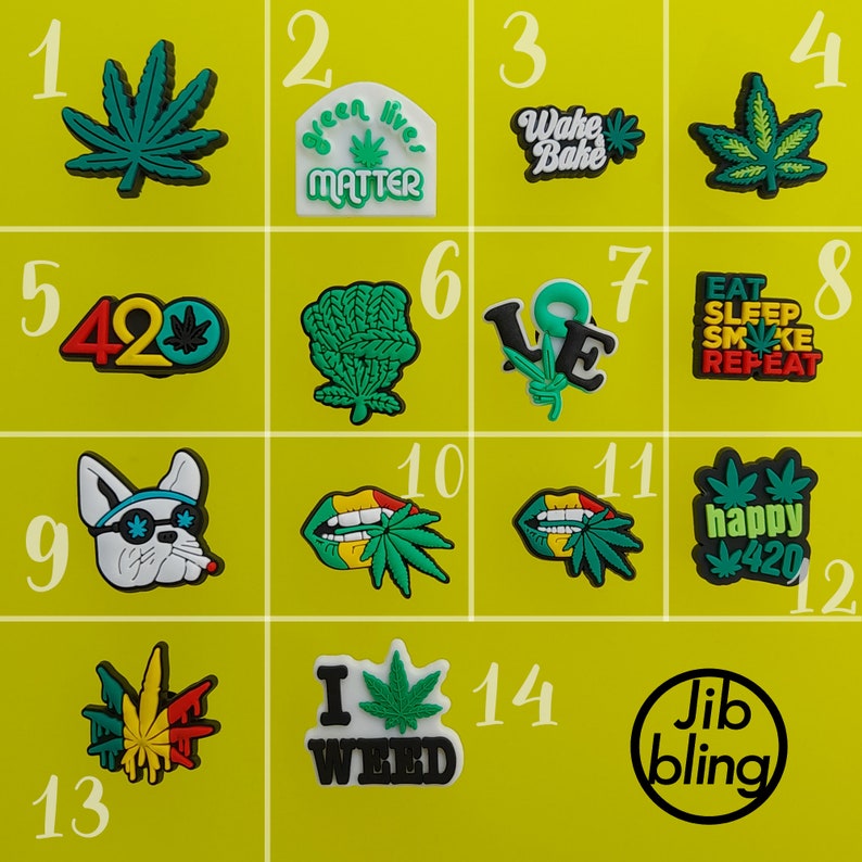 Weed Jibbitz, Croc Charms, Clog Charm, Pin, Badges, 420, Grass, Bake, Green, Marijuana, Stoner
