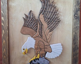 3D Intarsia eagle with fish