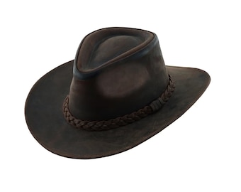 THUNDER Leather Cowboy Hat, Foldable Leather Outback Western Hat for Men and Women