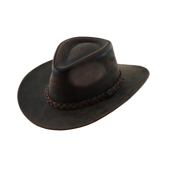 THUNDER Leather Cowboy Hat, Foldable Leather Outback Western Hat for Men and Women