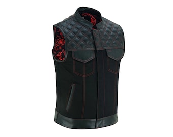 Mens Black Denim & Real Leather Motorcycle Biker Club Vest, Red Thread Zipper Front, Diamond Padding Men Rider Vest