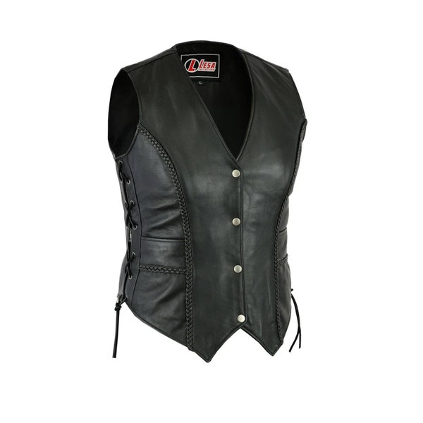 Mens Black Leather Biker Vest – Motorcycle Riding Waistcoat with Side Lacing & Multiple Pockets – Genuine Cowhide Sleeveless Jacket - B29