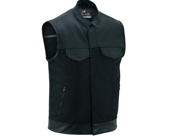 Plain Genuine Soft Men's  Leather Trimming Black Vest Textile Zipper Waistcoat Front No caller Side