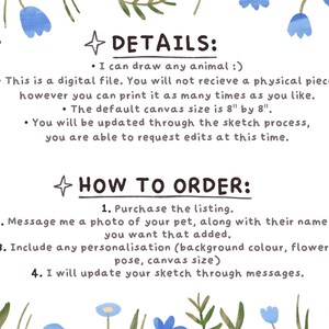 May include: A white background with blue flowers and green leaves. The text "DETAILS:" and "HOW TO ORDER:" is written in black. The text describes how to order a custom pet portrait.