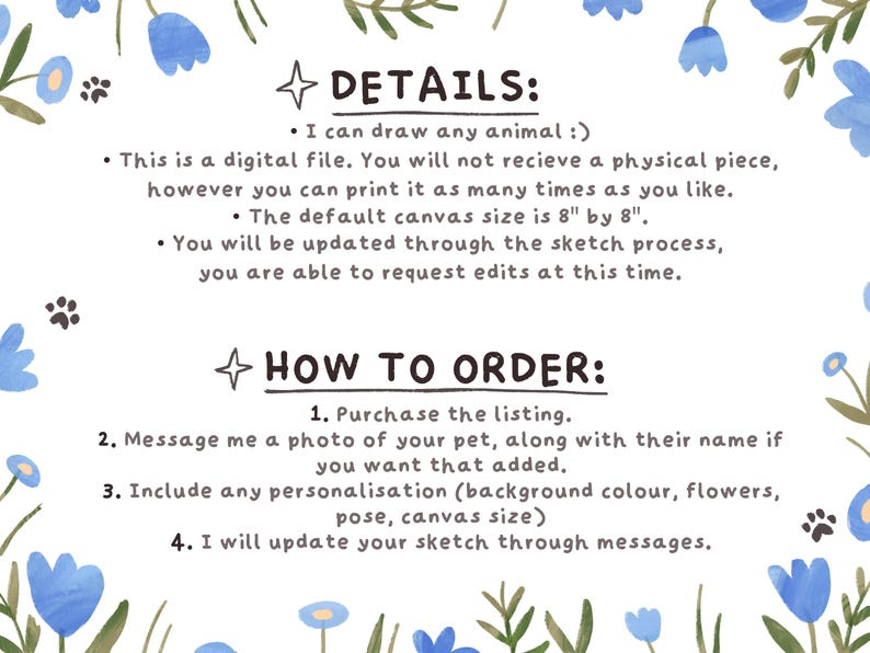 May include: A white background with blue flowers and green leaves. The text "DETAILS:" and "HOW TO ORDER:" is written in black. The text describes how to order a custom pet portrait.
