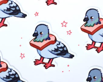 May include: A repeating pattern of stickers featuring a cartoon pigeon with a slice of bread around its neck. The pigeon has light blue feathers, a dark grey beak, and pink feet. Small pink star and dot illustrations are scattered between the birds.