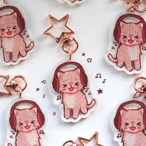 Jamming cat acrylic key charm | Meme cat with headphones, music | 2in | double sided | cat charm