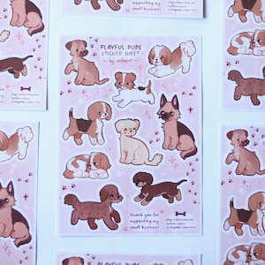 Verspielter Puppen Stickerbogen | 5cm | Hunde Aufkleber | laminierte glänzende wasserdichte Vinylaufkleber | niedlich