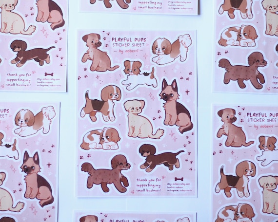 Playful pups sticker sheet | 2in | dog stickers | laminated glossy vinyl waterproof stickers | kawaii