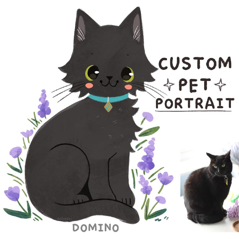 May include: A custom pet portrait of a black cat named Domino with big eyes and a blue collar. The cat is sitting in a field of purple flowers. The text "CUSTOM PET PORTRAIT" is written in black letters above the cat.