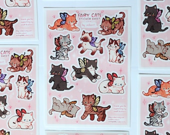 Fairy cats sticker sheet | 2in | cat stickers | laminated glossy vinyl waterproof stickers | kawaii