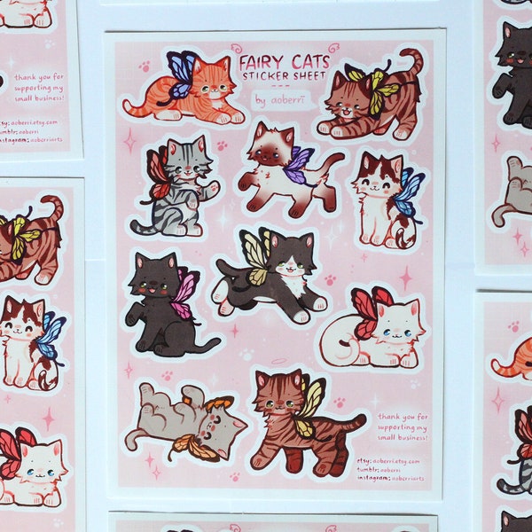 Fairy cats sticker sheet | 2in | cat stickers | laminated glossy vinyl waterproof stickers | kawaii