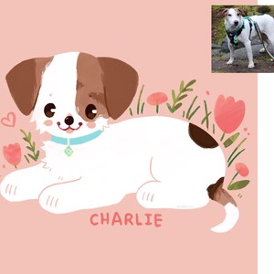 May include: A cartoon illustration of a white and brown dog with brown ears and a black spot on its back. The dog is lying down with its head turned to the side and its tongue sticking out. The dog is surrounded by pink flowers and green leaves. The dog's name, "CHARLIE", is written in black letters below the dog.