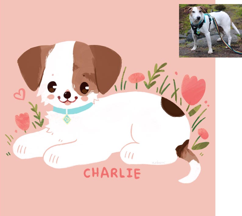 May include: A cartoon illustration of a white and brown dog with brown ears and a black spot on its back. The dog is lying down with its head turned to the side and its tongue sticking out. The dog is surrounded by pink flowers and green leaves. The dog's name, "CHARLIE", is written in black letters below the dog.