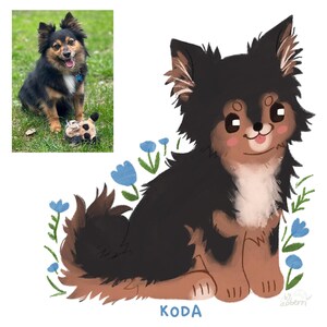 May include: A digital illustration of a black and brown dog with white markings. The dog is sitting with its tongue sticking out. The dog is surrounded by blue flowers. The text "KODA" is written below the dog.