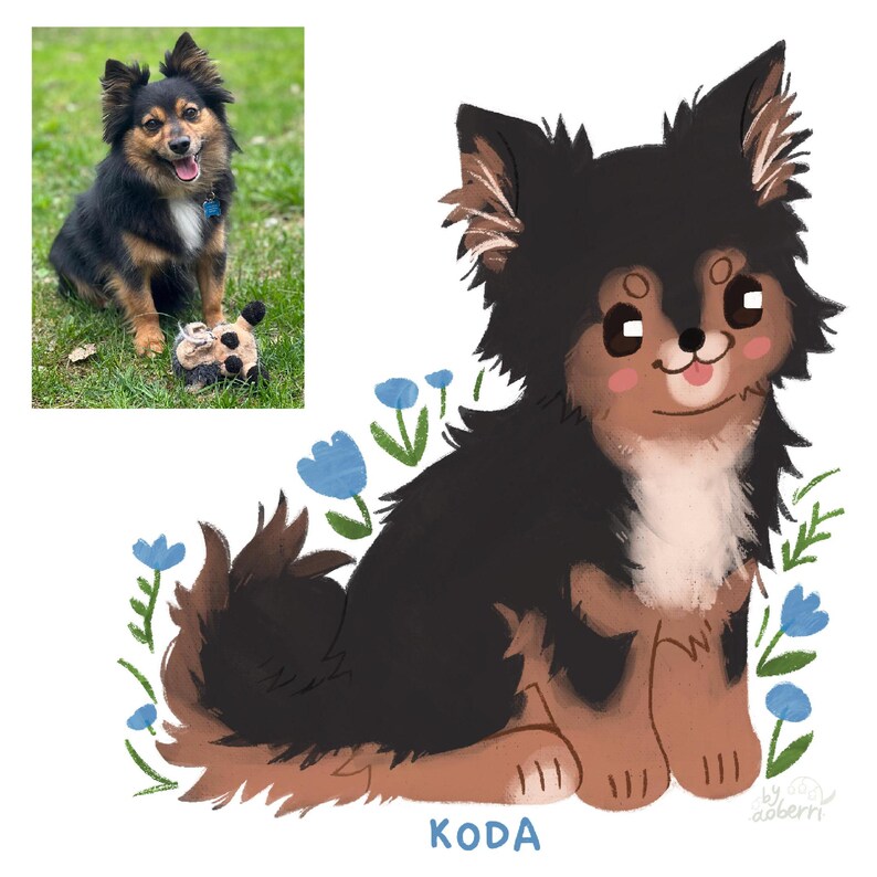 May include: A digital illustration of a black and brown dog with white markings. The dog is sitting with its tongue sticking out. The dog is surrounded by blue flowers. The text "KODA" is written below the dog.