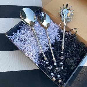 Unique Black & White Beaded Serving Utensil Set