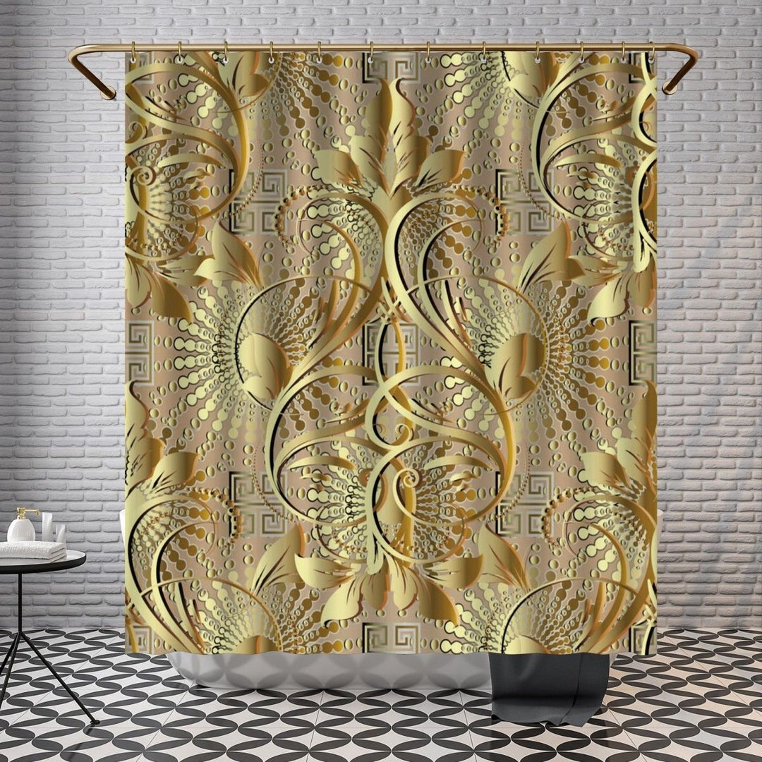 Gold Damask Shower Curtains Geometric Custom Bath Curtains Etsy