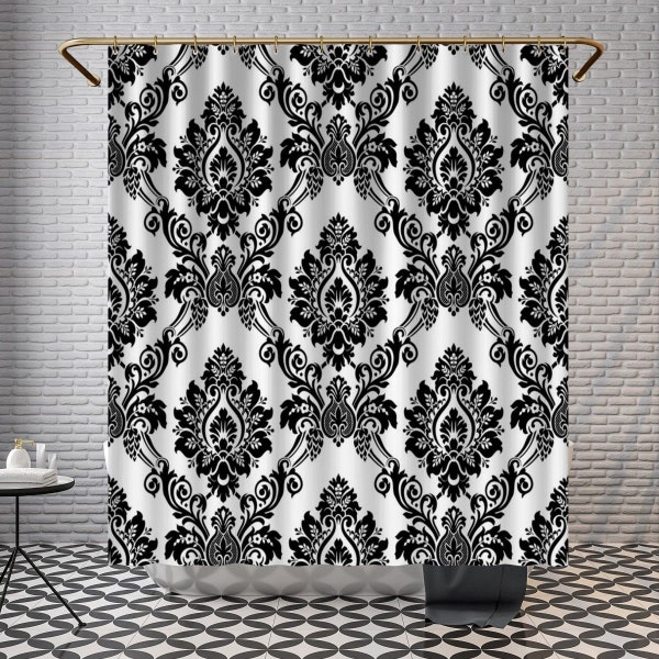 Black And White Damask Shower Curtains Baroque Custom Bath Curtains Monochrome Bath Decor Floral Shower Decor Modern Bathroom