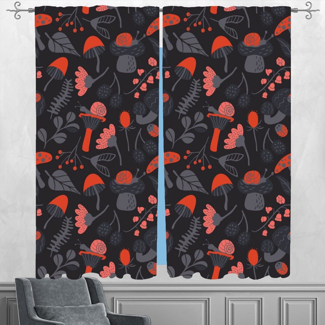 Mushroom Window Curtain Cottagecore Blackout Curtains Black Etsy