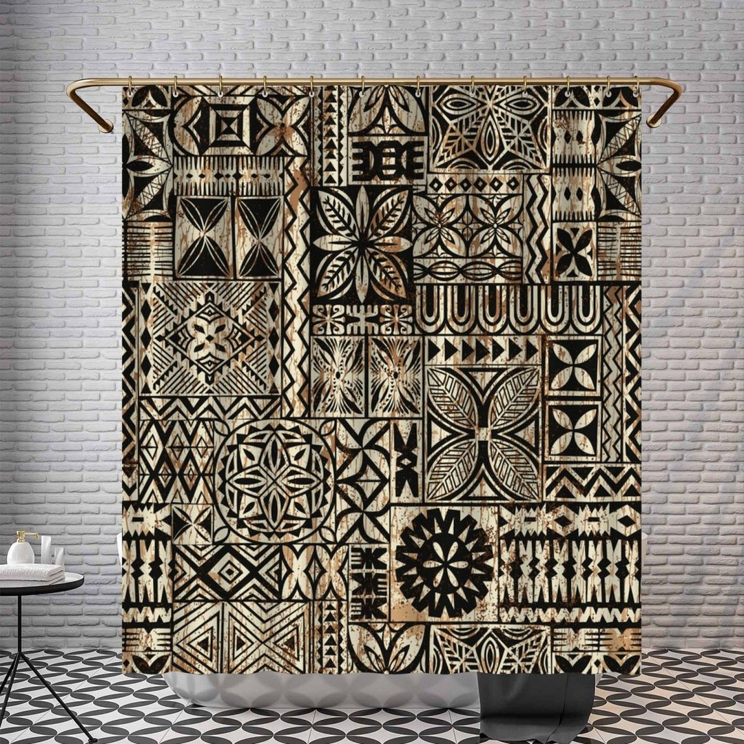Vintage Ethnic Shower Curtains Polynesian Patterns Bath Decor Hawaiian Motif Shower Decor Tribal