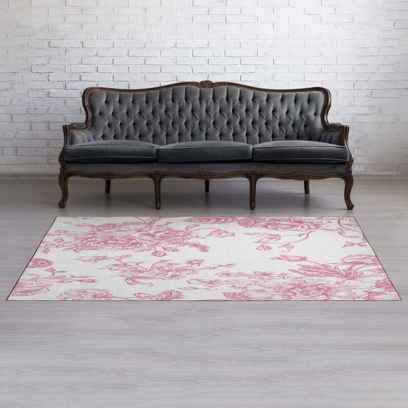 French Floral Pattern Rugs Toile Floor Mats Pink and White Area Rug