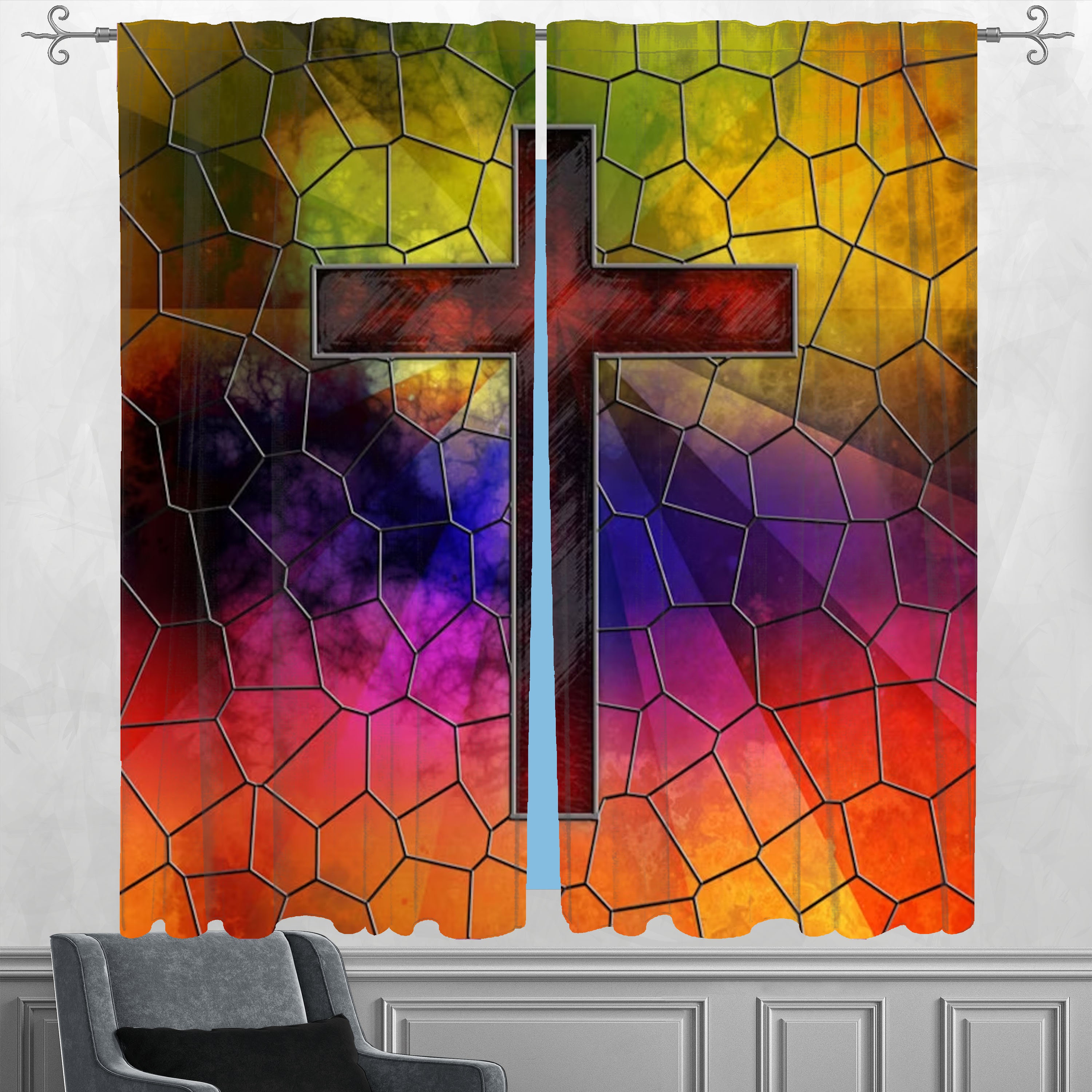 Christian Curtains Cross on Stained Glass Curtain Panels Etsy