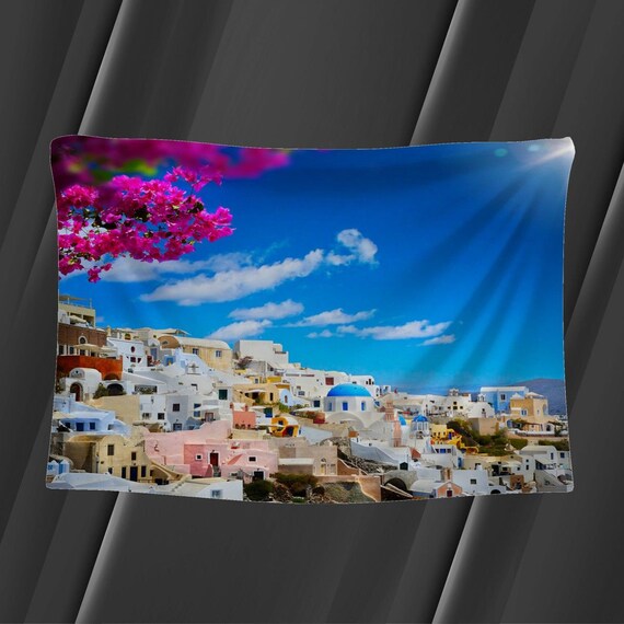 Greece Fabrics View of Santorini Fabric by the Yard Blue Etsy