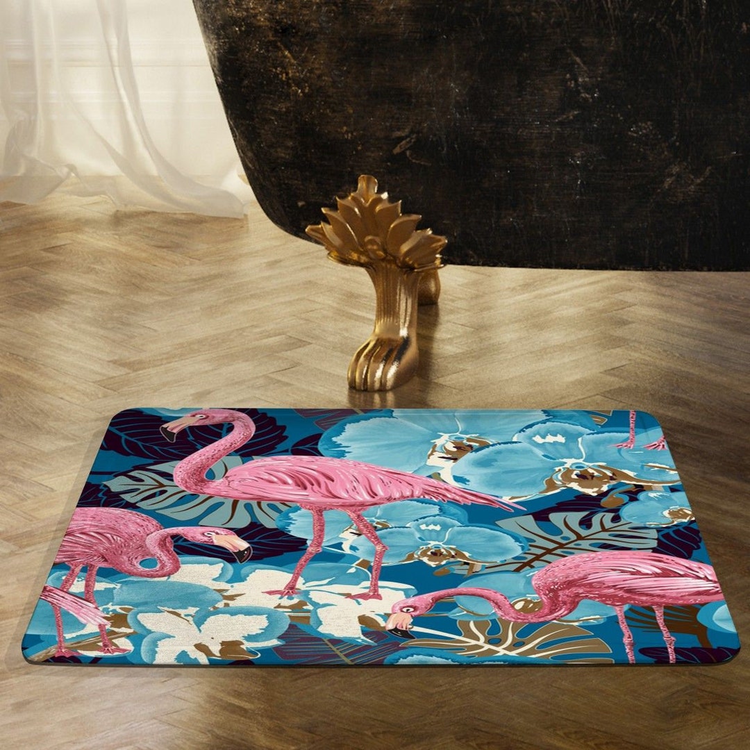 Flamingo Bath Mats Palm Leaves Shower Mat Tropical Boho Bath Etsy