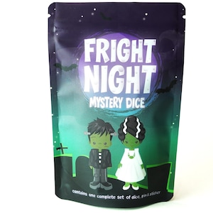 May include: A sealed bag with the words "FRIGHT NIGHT MYSTERY DICE" in white letters. The bag features cartoon illustrations of Frankenstein and his bride. The background is a dark purple with a graveyard scene.