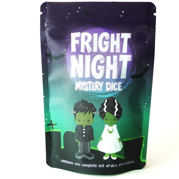 Fright Night Mystery Dice Pack – Spooky RPG Dice Set with Skull Designs, Enamel Pin Sticker for D&D, Pathfinder Tabletop Gaming