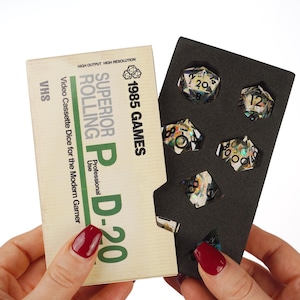 Crystal Ball Resin Dice Set | Sharp Edge Translucent IRIDESCENT RPG Dice in VHS Box | dnd D20 Dice Collection for Tabletop Games