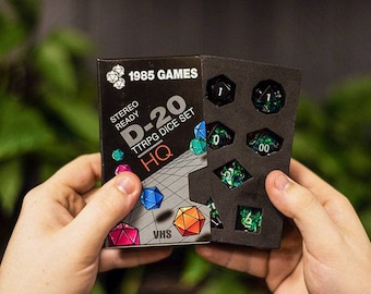 Conjunto de dados de plasma com borda afiada inspirados em VHS neon para RPG D&D - Caixa de presente de resina retrô