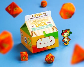 Mango Resin Dice Set – Kawaii DND Dice with Pin & Sticker