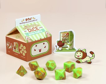 Kiwi Cat Dice – Green Kawaii RPG Dice Gift | DnD Milk Carton Dice Set w/ Extras