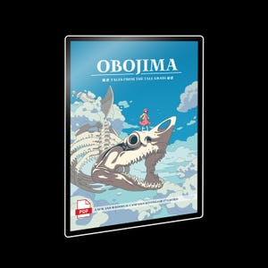 May include: A digital art print titled "OBOJIMA" with a whimsical campaign setting. The artwork features a skeletal creature in a blue sky with clouds, a small figure, and the text "TALES FROM THE TALL GRASS". A PDF icon is in the lower left corner.