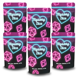 May include: Six black pouches with a neon design. Each pouch has a heart-shaped neon sign that says "Mystery Dice". Pink geometric shapes and the text "Dice Set, Sticker, & Pin" are also visible.
