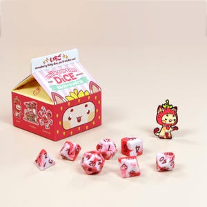 Caixa de dados de morango – Dados de resina DnD com broche de esmalte e adesivo – Presente de dados kawaii com tema de frutas