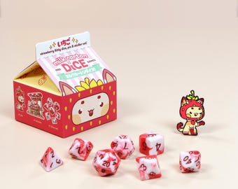 Strawberry Cat – Pink Kawaii RPG Dice Gift | DnD Dice Set w/ Pin & Sticker